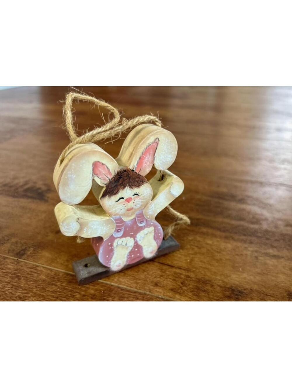 Hand-Painted Wooden Bunny Ornament with Pink Overalls